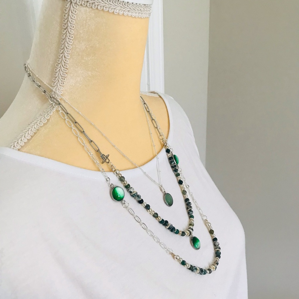 Handmade Pop of Color 3 Piece Necklace Set-Glass Cabochon-Gemstone-Moss Agate